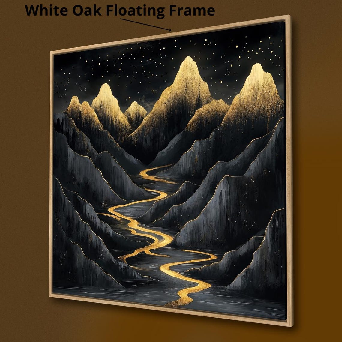 Black Mountain Peaks Golden Starry Night River Luxury Art Print - Image 3