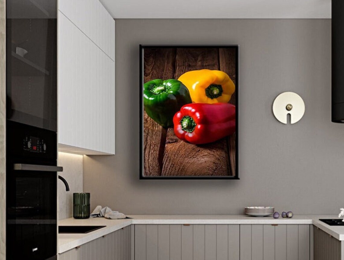 Colorful Bell Peppers Rustic Wood Kitchen Food Photography Art Poster