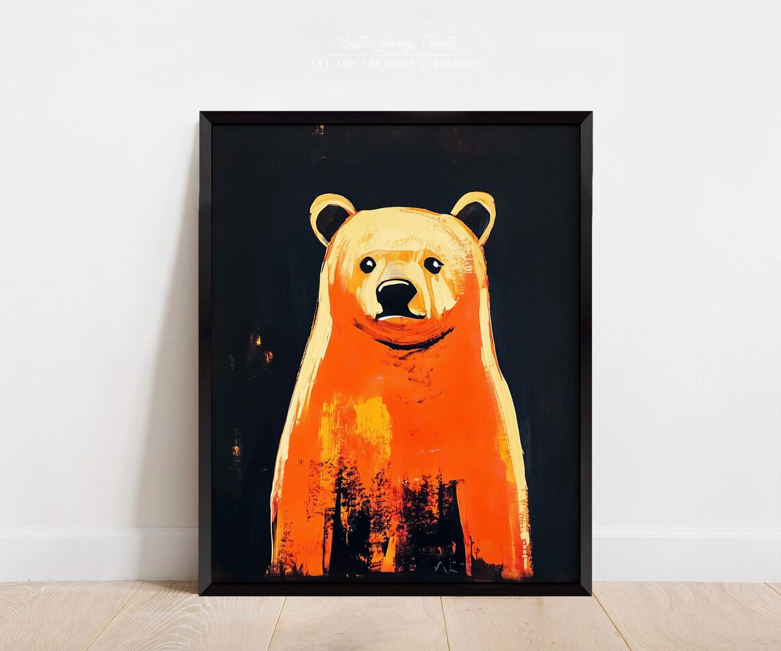 Bold Orange Bear Black Background Playful Modern Woodland Nursery Poster