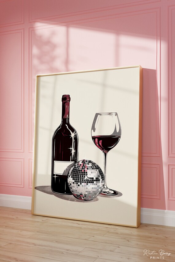 Disco Ball Red Wine Bottle Glass Black White Bar Cart Decor Poster
