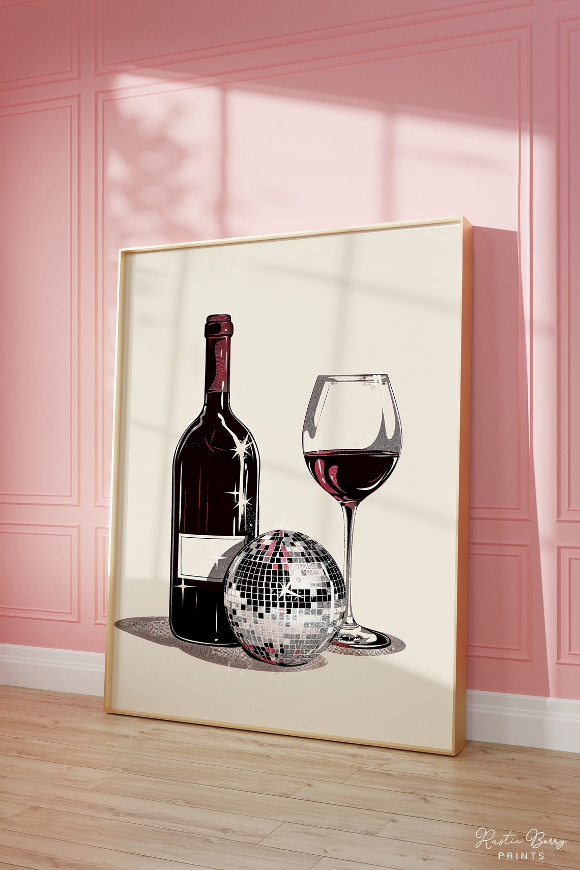 Disco Ball Red Wine Bottle Glass Black White Bar Cart Decor Poster