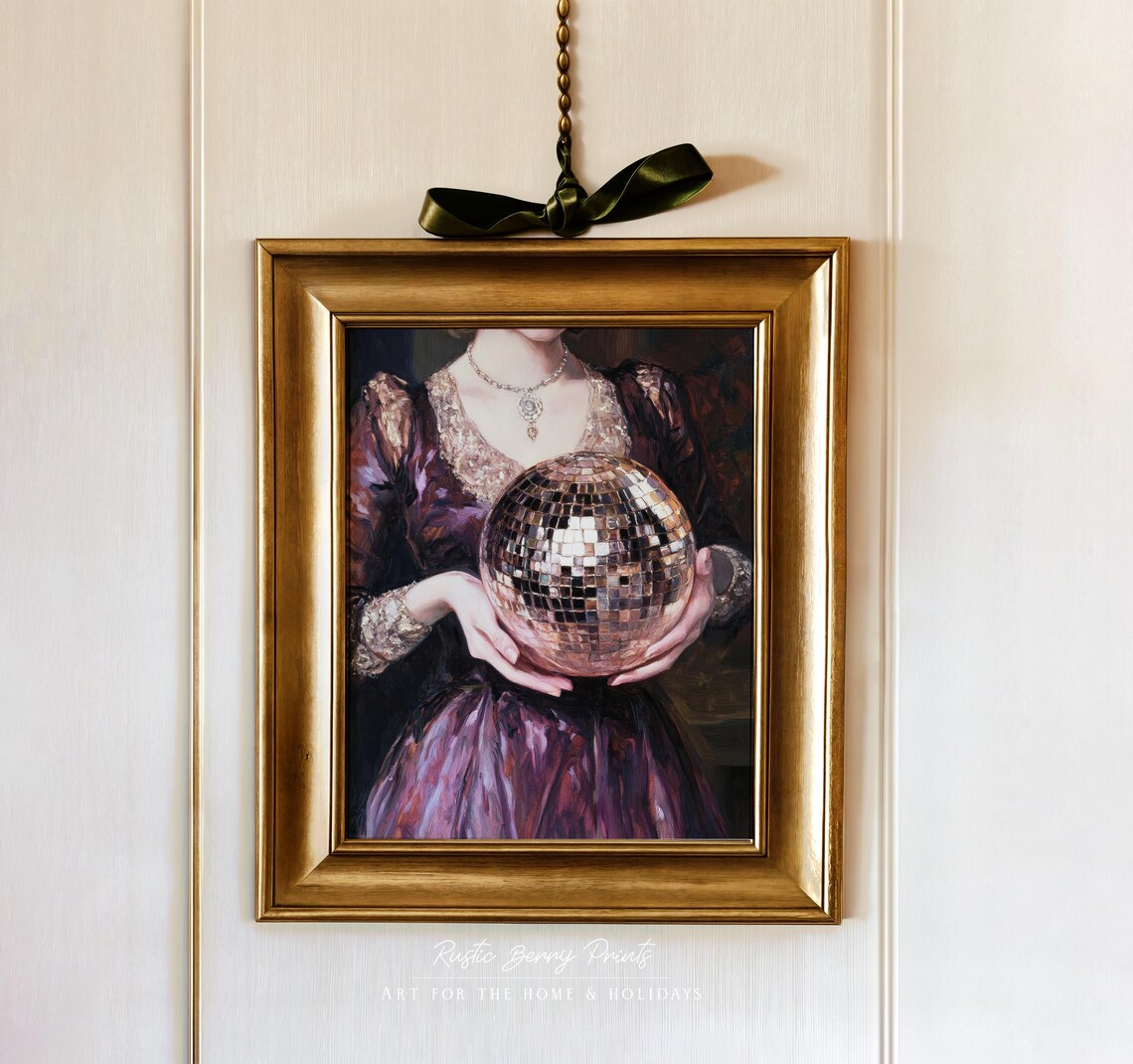 Burgundy Velvet Gown Lady Holding Glittering Disco Ball Painting Print - Image 3