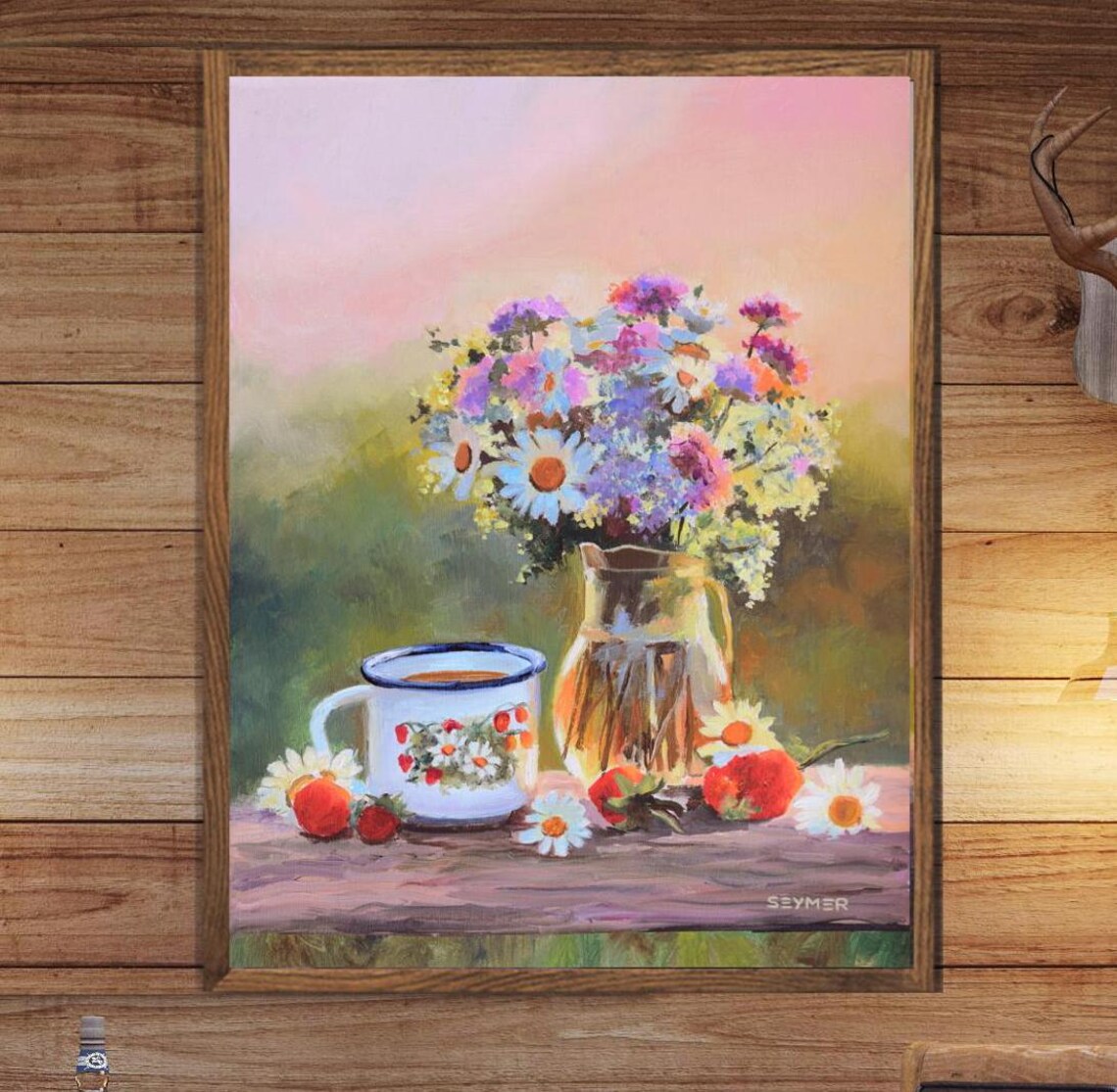 Pink Flower Vase Still Life Art Print, Country Floral