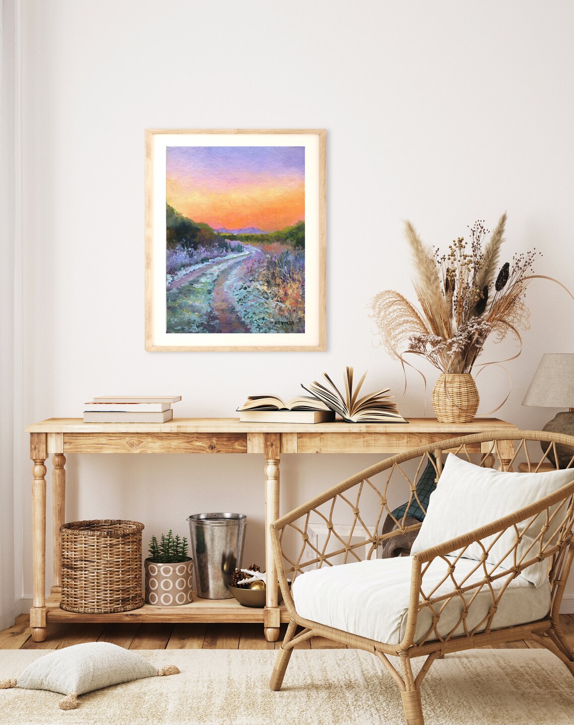 Winter Sunrise Frosty Road Landscape Oil Painting With Pink Sky Poster - Image 3