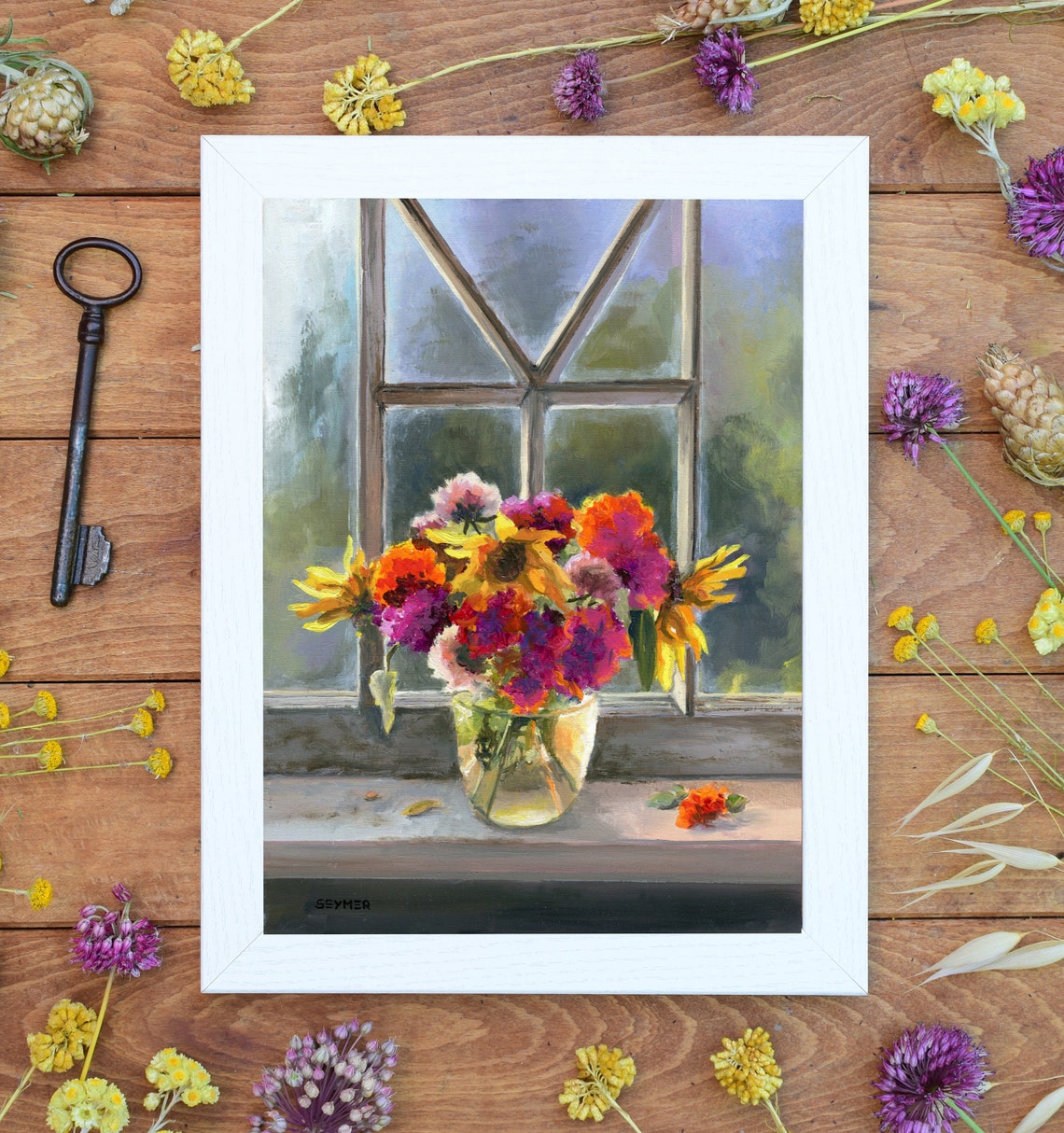 Colorful Zinnia Bouquet in a Glass Jar on a Sunny Windowsill Poster - Image 3