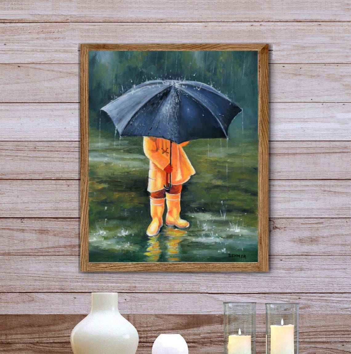 Small Child with Umbrella Splashing in the Summer Rain Poster