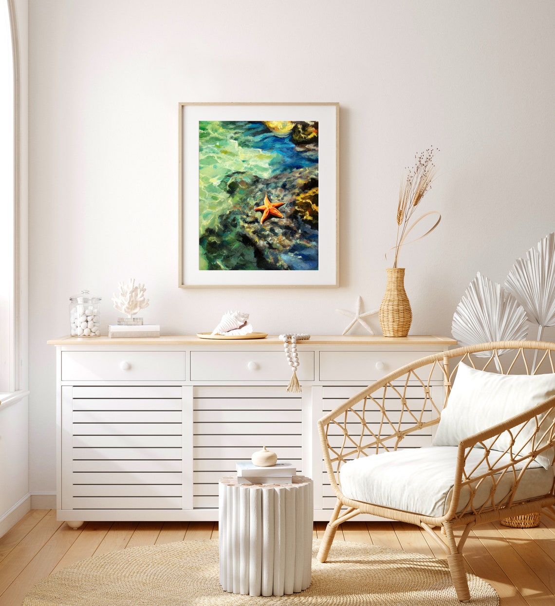 Starfish Fine Art Print Colorful Beach Oil Painting Hamptons Wall Art Coastal Bathroom Painting Print Waves And Rocks Sealife Wall Decor - Image 2
