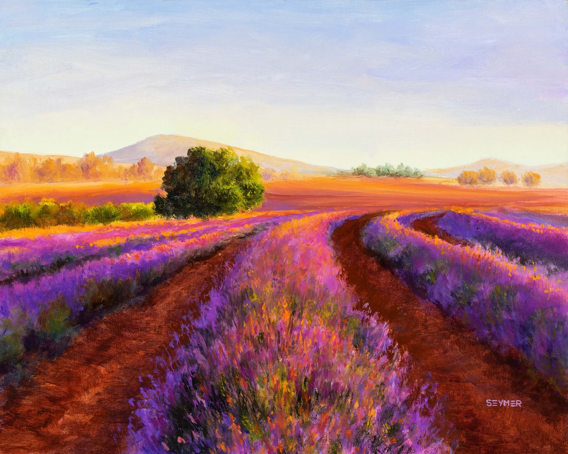 Lavender Field At Sunset Landscape Oil Painting With Dirt Path Poster
