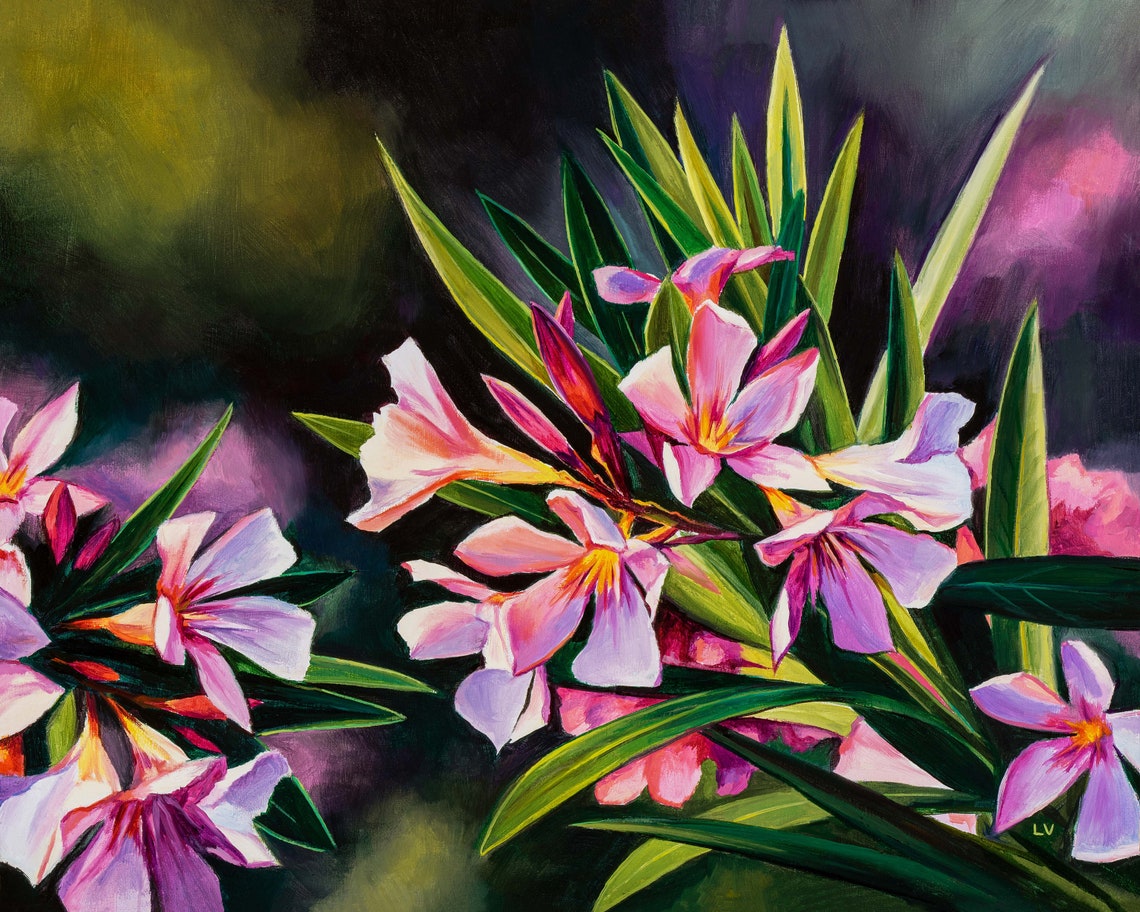 Pink Oleander Blossoms Dramatic Dark Garden Night Oil Painting Poster - Image 6