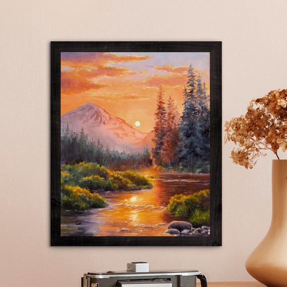 Mountain Scenery Oil Painting Print Warm Landscape Mountain River Wall Art Golden Sky Artwork Rustic Home Gift Enchanted Fairy Forest