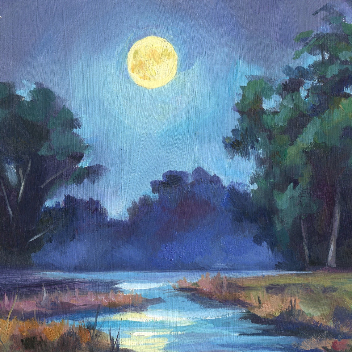 Glowing Full Moon Rising over a Quiet River on a Starry Night Poster - Image 3