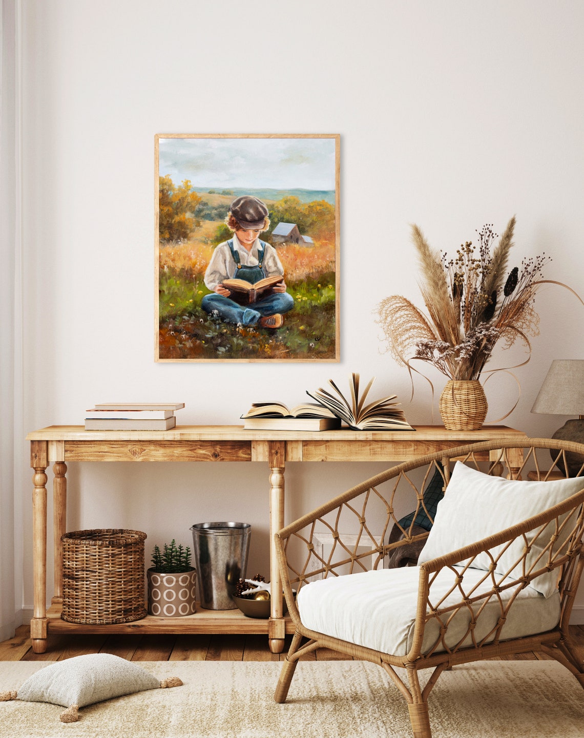 Boy Reading a Book in an Autumn Meadow with Farmhouse View Poster - Image 3