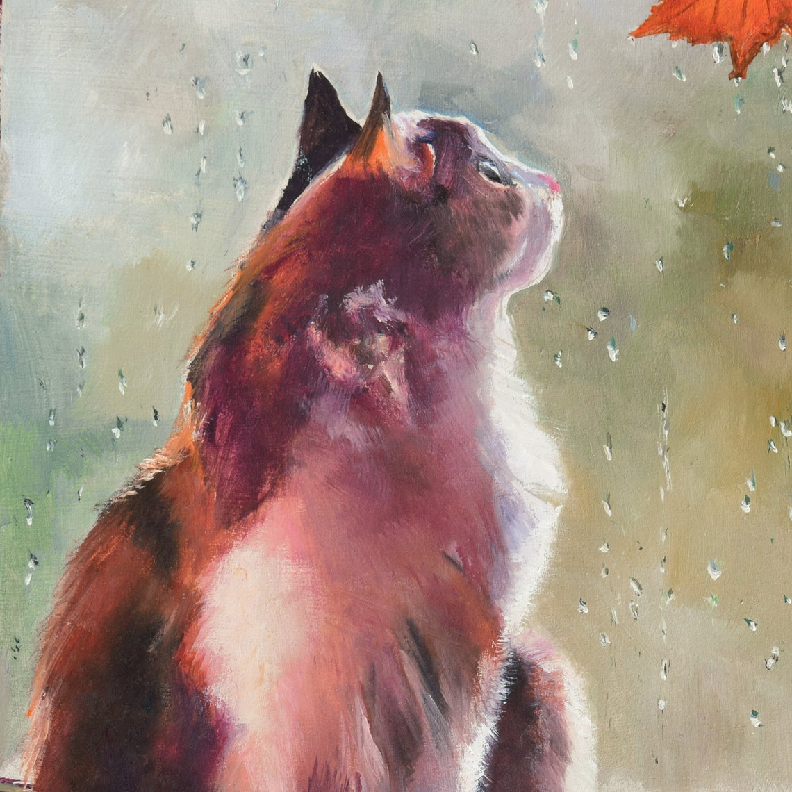 Calico Cat Watching a Falling Orange Leaf in the Rain Poster - Image 2