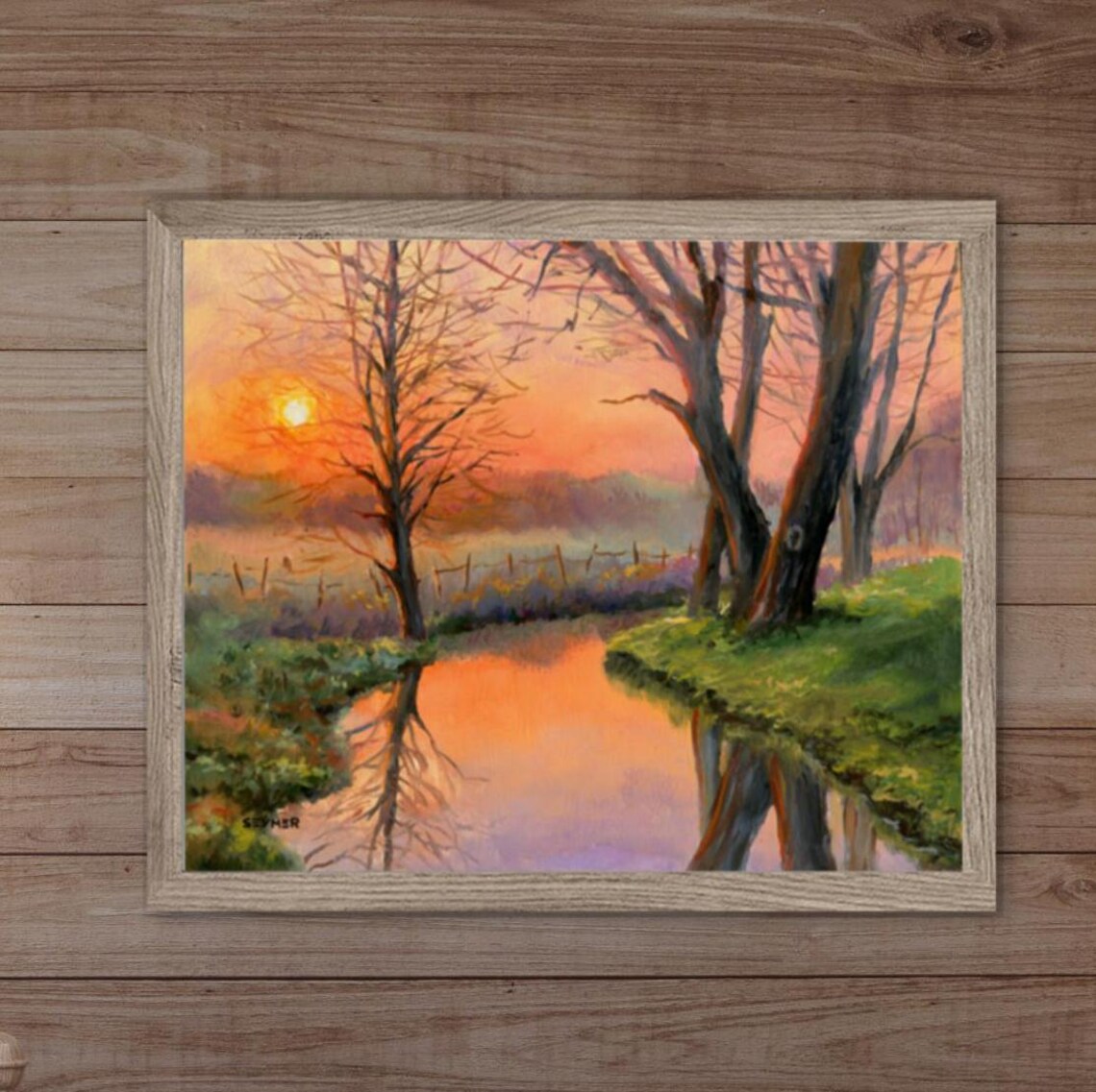 Sunset Landscape Art Print, Winter River Scene