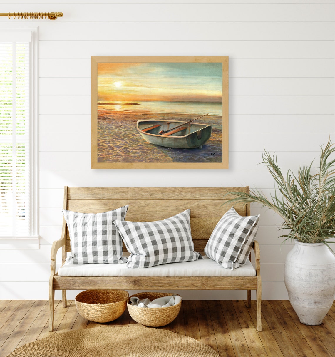 Rowboat On Shore At Sunset Beach Ocean Landscape Painting Poster - Image 6