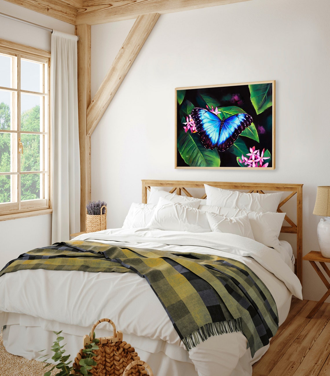 Blue Morpho Butterfly with Wings Open on Tropical Pink Flowers Poster - Image 5