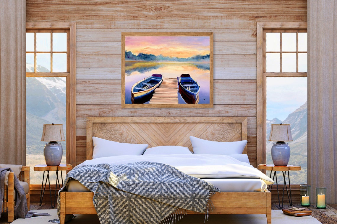 Boat Original Art Framed Nautical Oil Painting Sunset Lake Landscape Wall Art Lake House And Cabin Decor Pier Relaxing Life Fishing Boat - Image 4