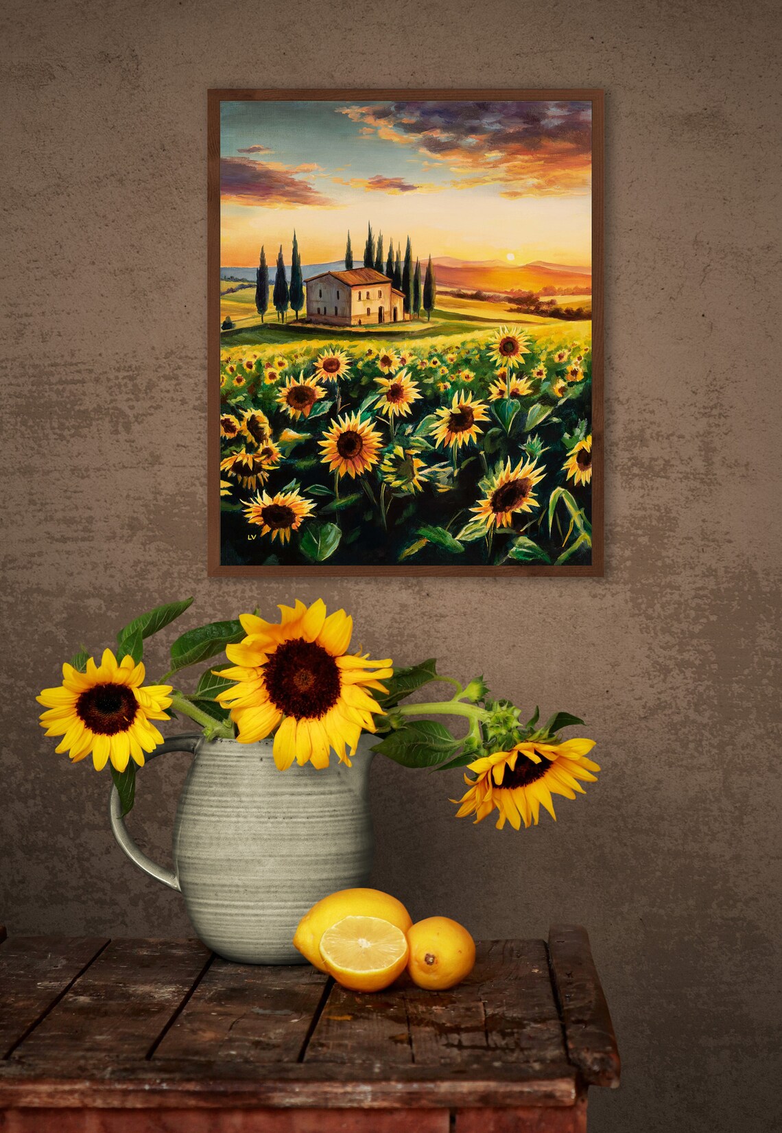 Tuscan Farmhouse at Sunset Over a Sunflower Field with Cypress Poster - Image 2