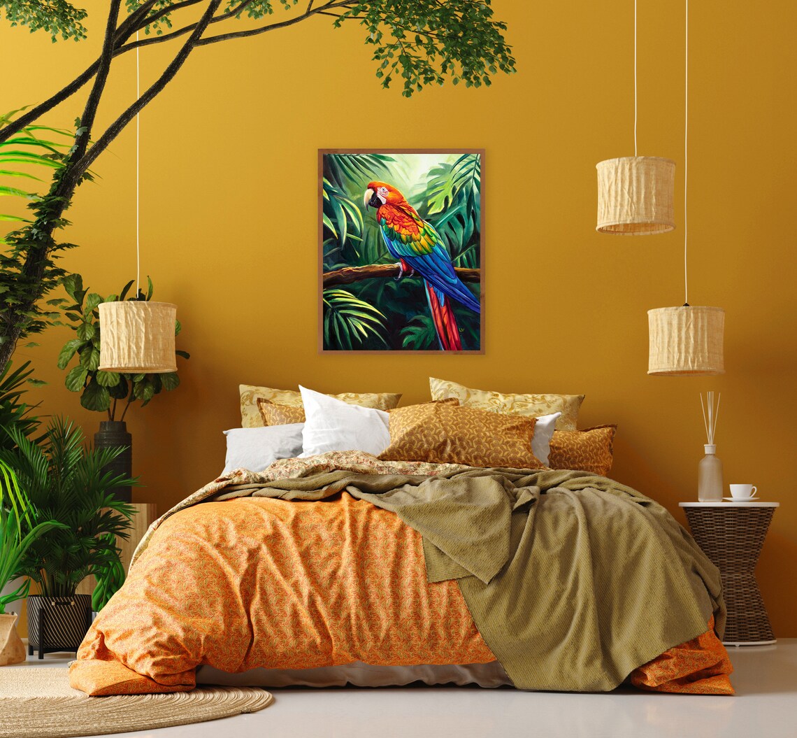 Scarlet Macaw Oil-Painting Art Print, Boho Eclectic - Image 3