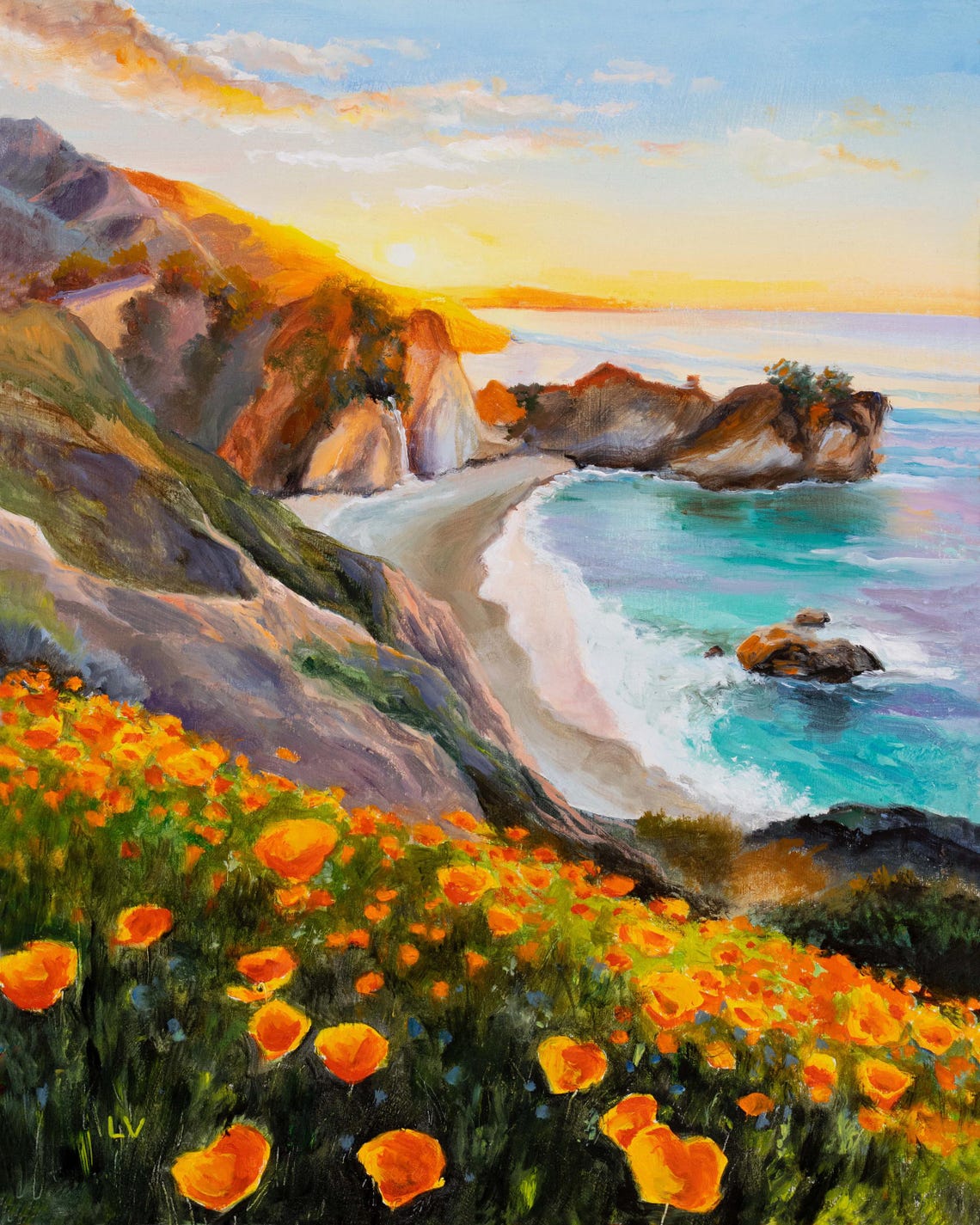 Big Sur Sunset Coast with Wild Poppies Oil Painting Beach Poster - Image 6