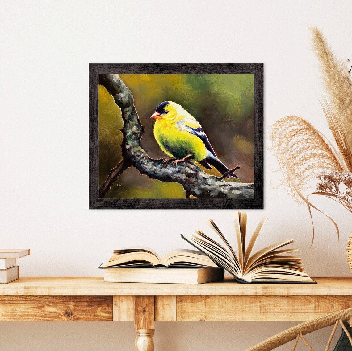 American Goldfinch Perched on a Mossy Branch in Yellow Plumage Poster - Image 5