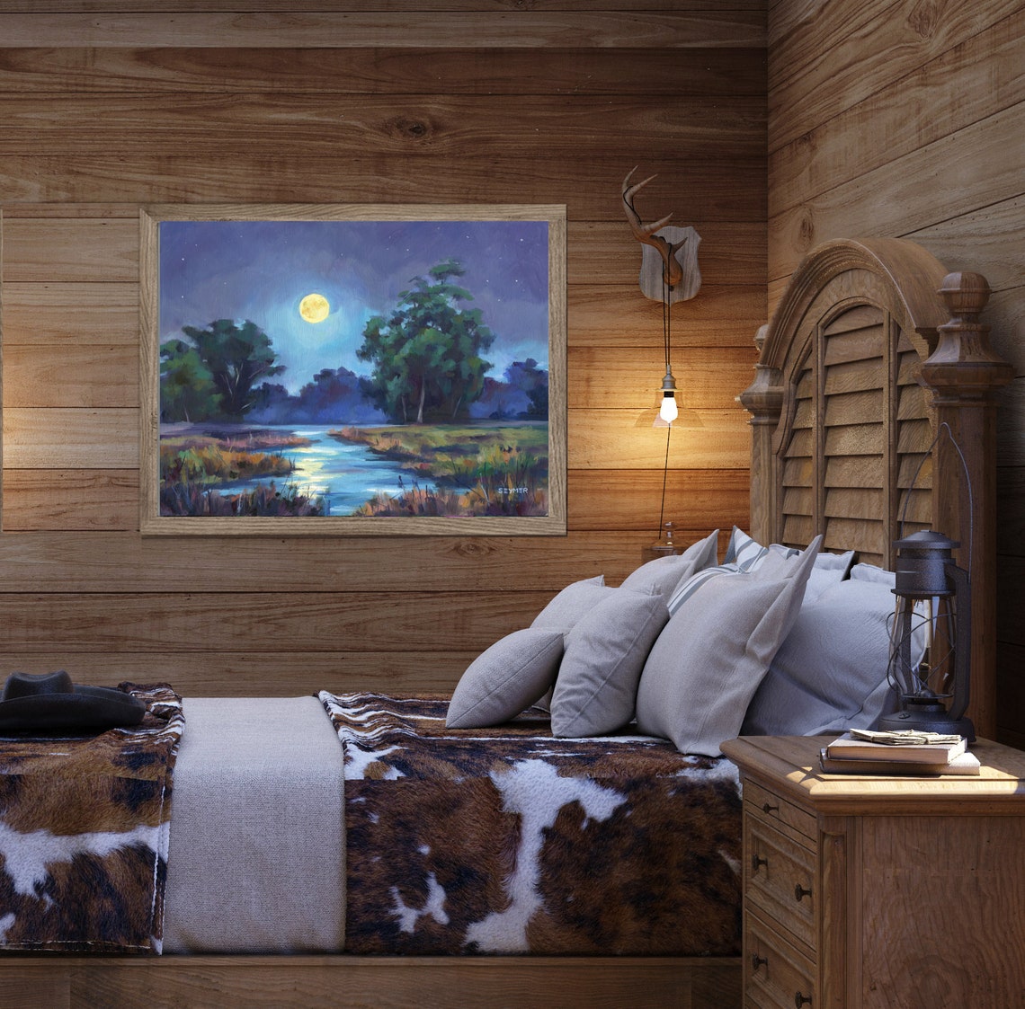 Glowing Full Moon Rising over a Quiet River on a Starry Night Poster - Image 2