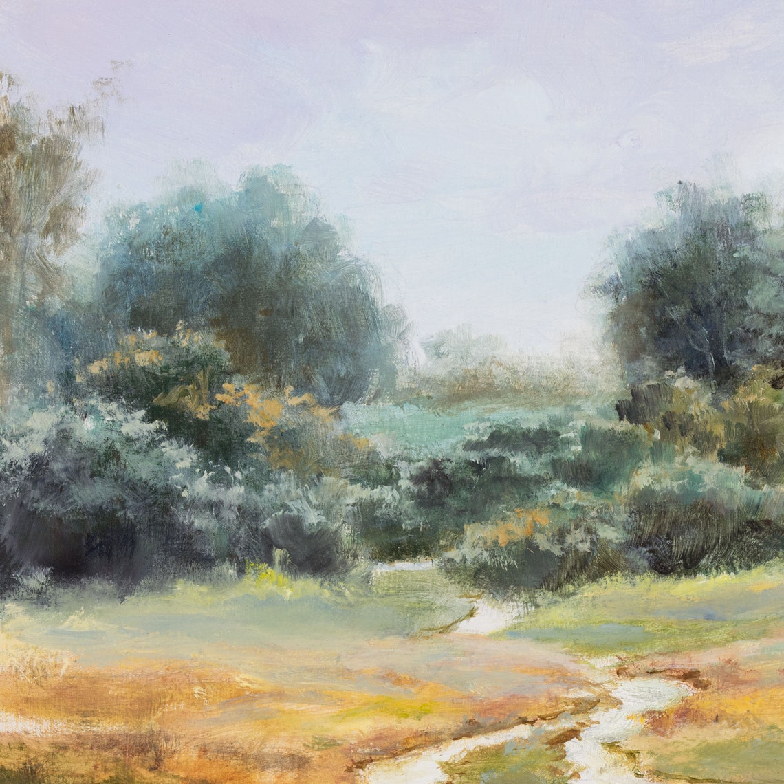 Sunlit Meadow Path Curving Gently Between Lush Green Trees Poster - Image 2