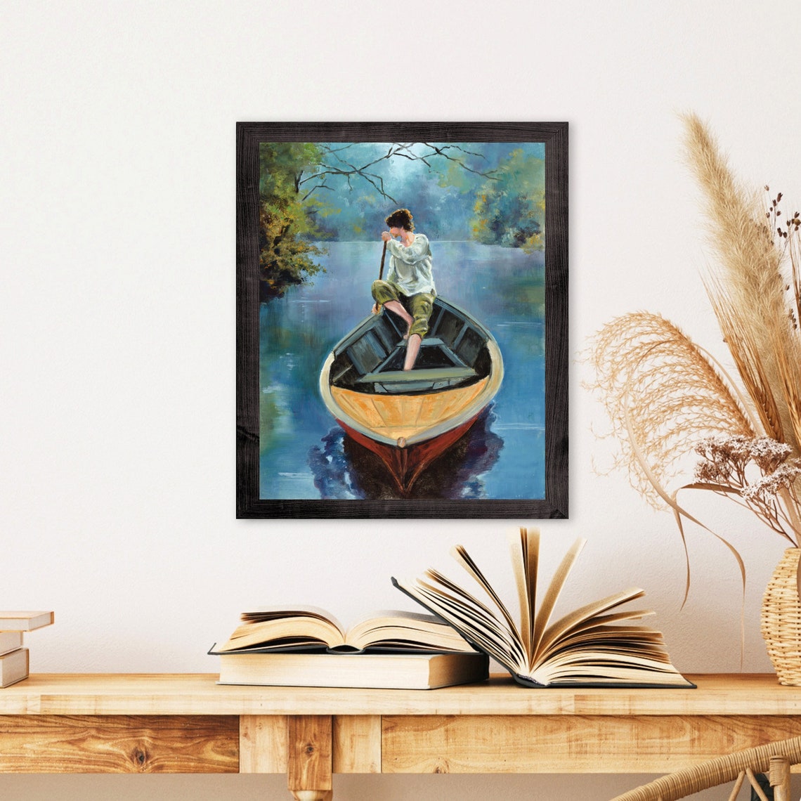 Misty Pond Painting Print Foggy Swamp Art Calm Fishing Boat Row Boat Riverscape Tranquil River Artwork Young Man Fisherman Lake Wall Art - Image 2