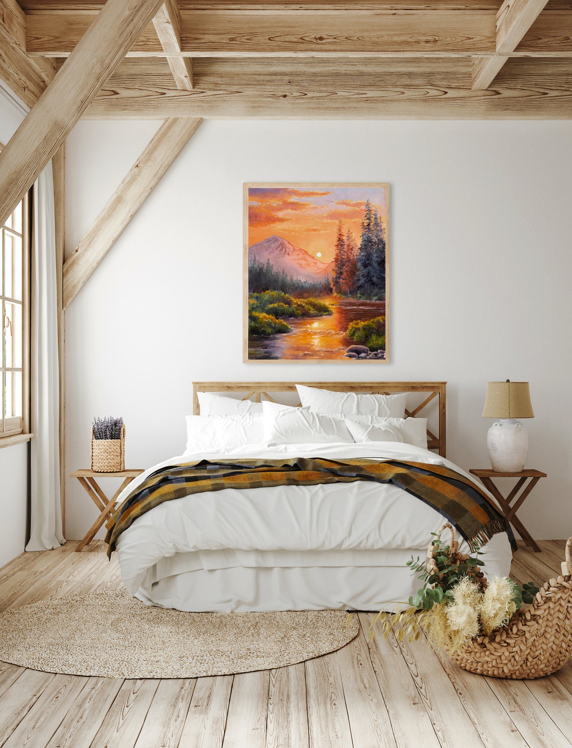 Mountain Scenery Oil Painting Print Warm Landscape Mountain River Wall Art Golden Sky Artwork Rustic Home Gift Enchanted Fairy Forest - Image 3