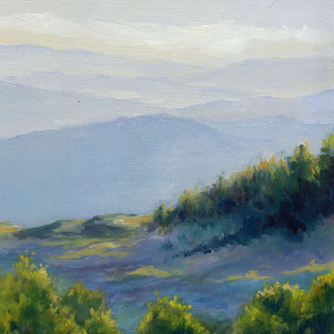 Mountain Valley with Pink Wildflowers under Misty Blue Peaks Poster - Image 5