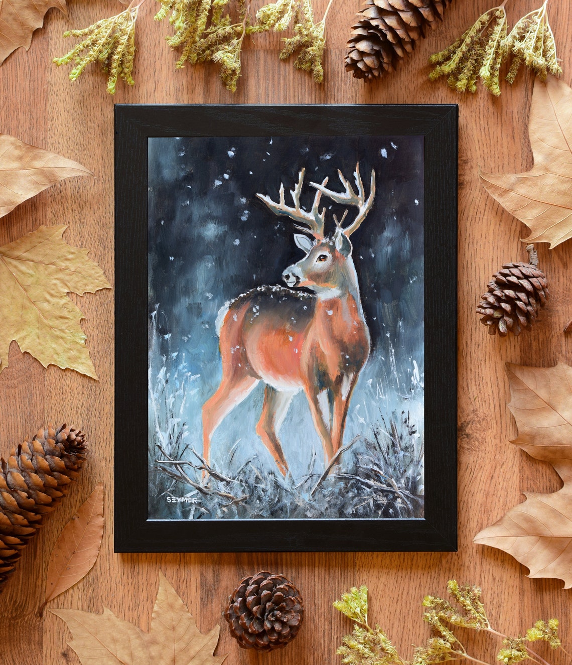 Whitetail Buck Looking Back Through Snowy Night Woods Poster - Image 4