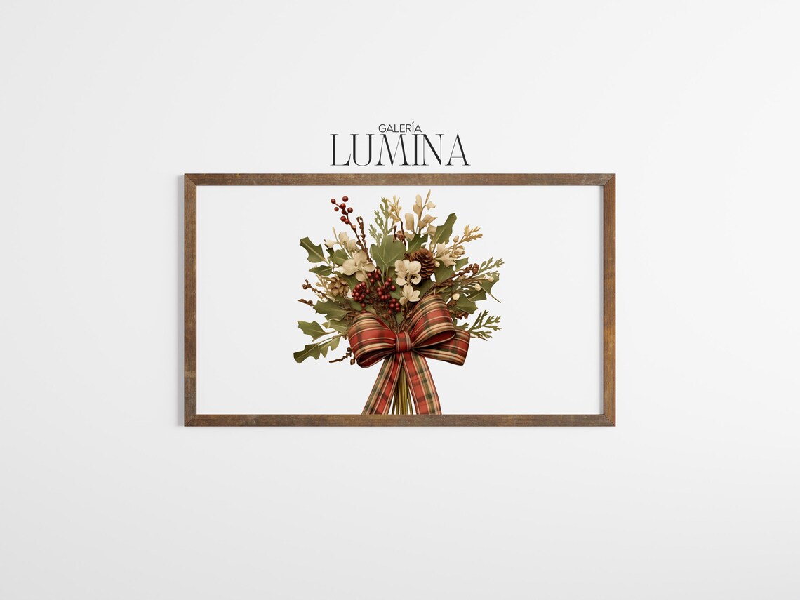 Rustic Christmas Bouquet With Plaid Bow Holiday Floral Art Poster - Image 3