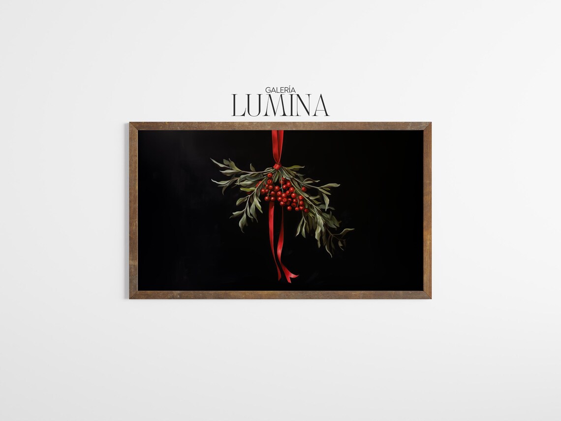 Hanging Christmas Mistletoe Bouquet with Red Ribbon on Black Poster - Image 3