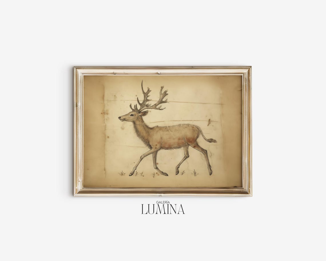 Antique Stag Sketch Medieval Manuscript Style Deer Drawing Poster - Image 2