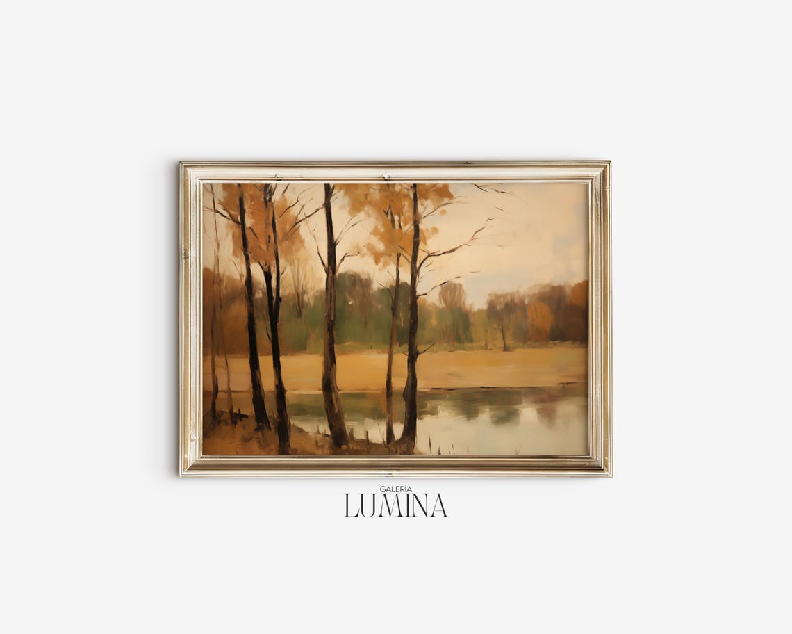 Bare Autumn Trees by a Misty River Vintage Lakeside Landscape Poster - Image 2