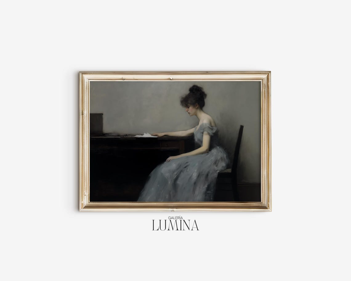 Victorian Woman Sitting Original Painting Moody Grey Tones French Portrait Painting Regency Wall Art Art Frame Tv Art 440 - Image 2