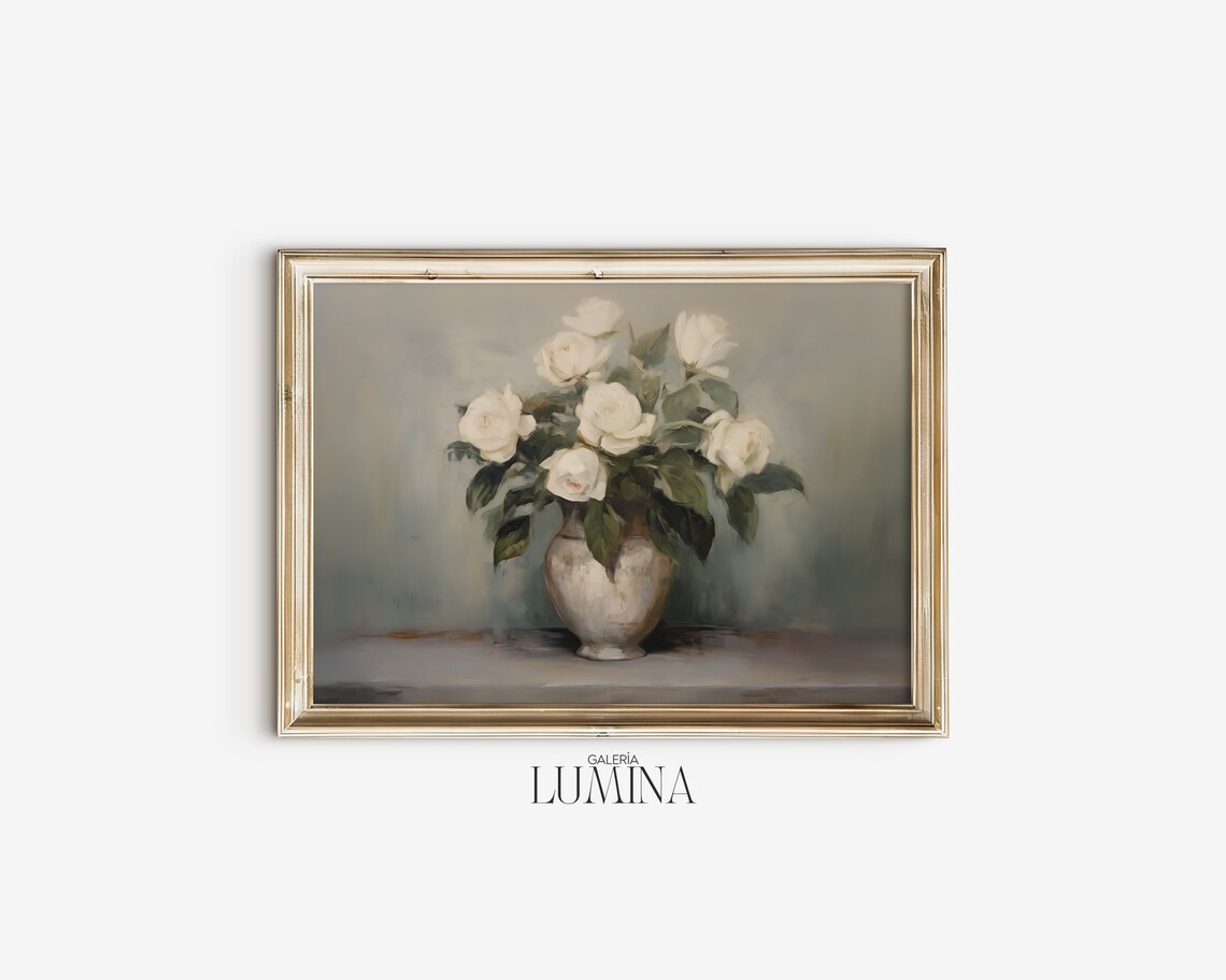 Vintage White Roses In A Vase, Oil Painting Art Print - Image 2