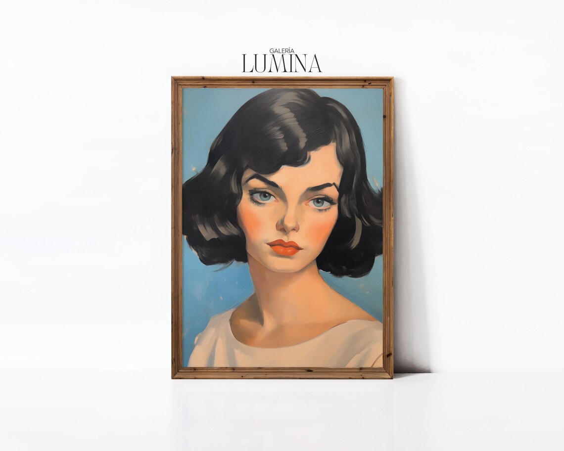 Retro Woman Portrait Vintage 1950s Style Dark Bob Red Lips Painting Poster - Image 2