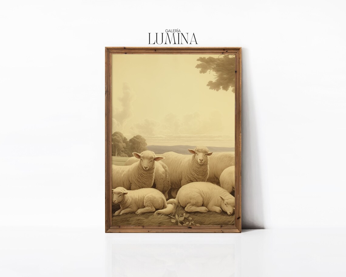 Sheep and Lambs Countryside Rustic Landscape Art Print - Image 3