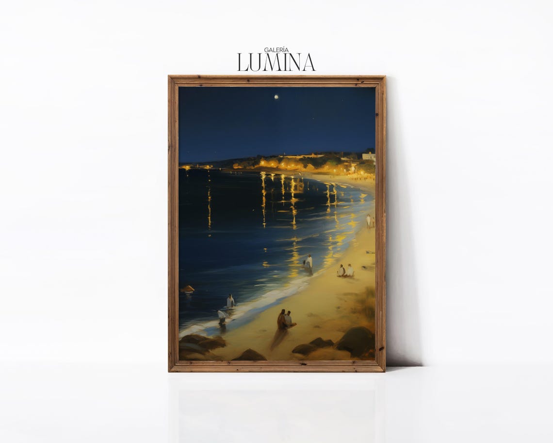 Moonlit Beach at Night Glowing Town Lights Figures on Shore Poster - Image 2