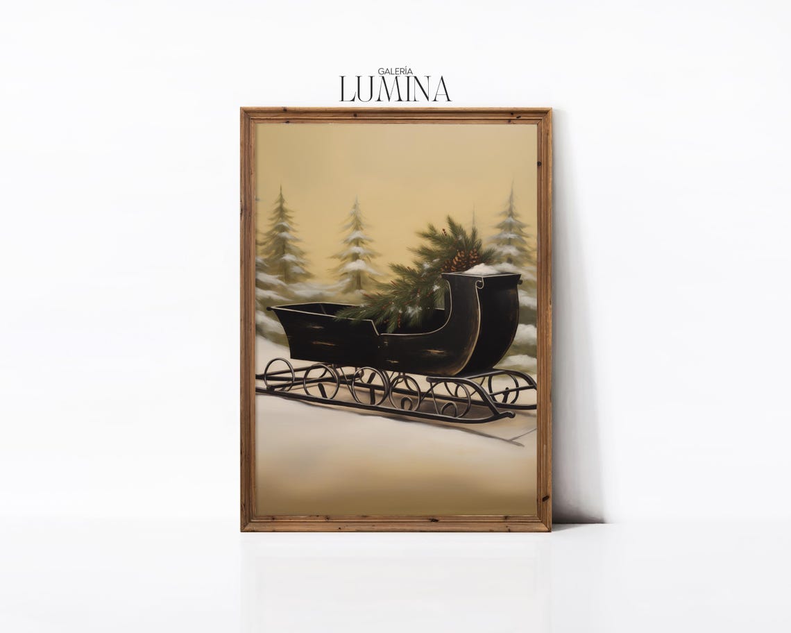 Black Sleigh Filled With Pine Branches in a Snowy Winter Forest Poster - Image 2