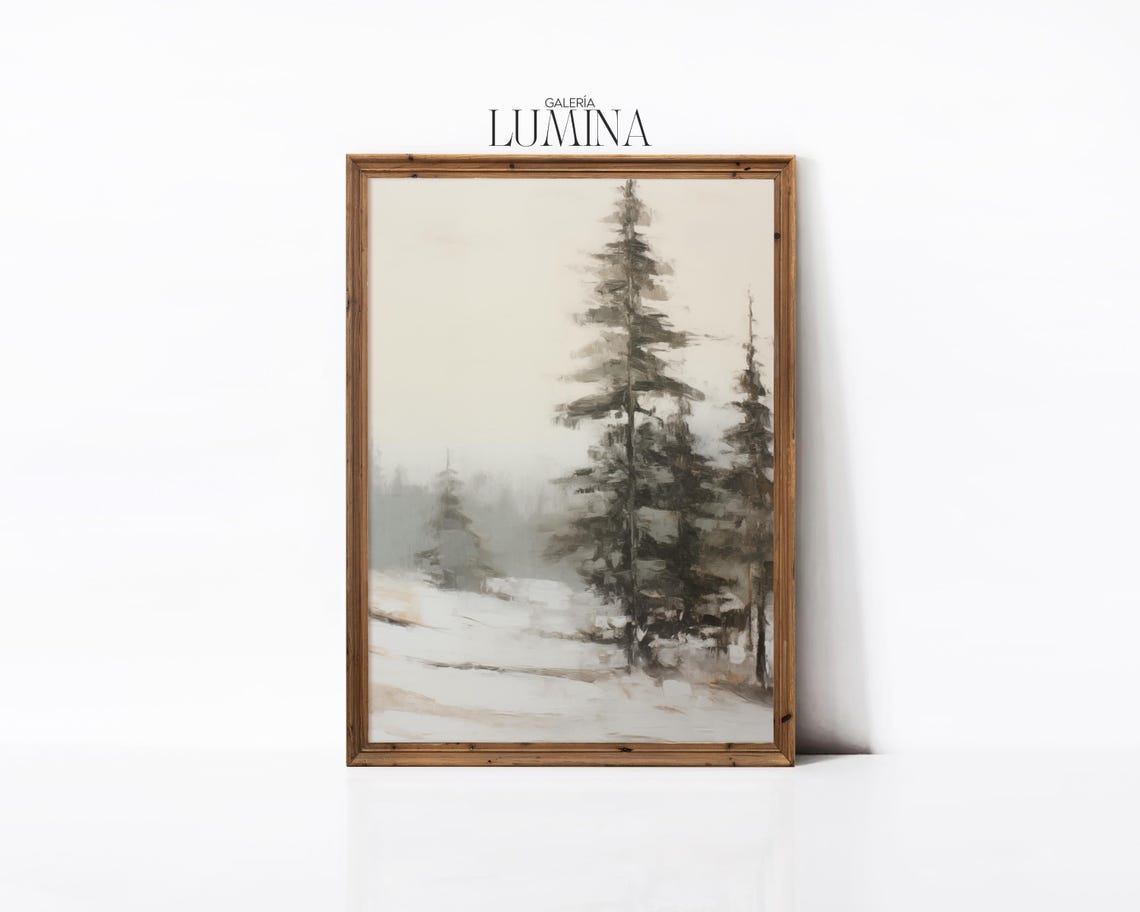 Muted Pine Trees Oil Painting Vintage Snow Covered Pine Tree Painting Minimalist Forest Landscape Art Art Frame Tv Art 772 - Image 2