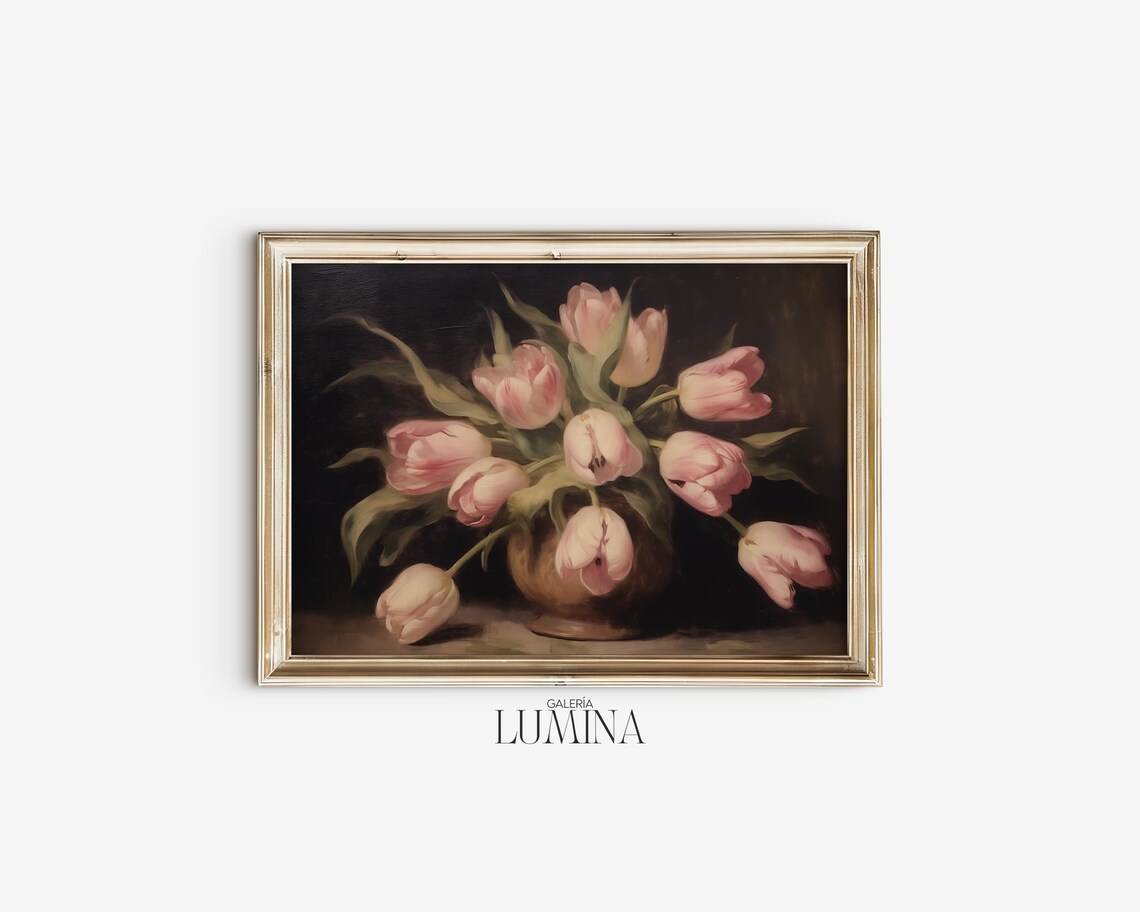 Vintage Pink Tulips, Oil Painting Art Print - Image 2