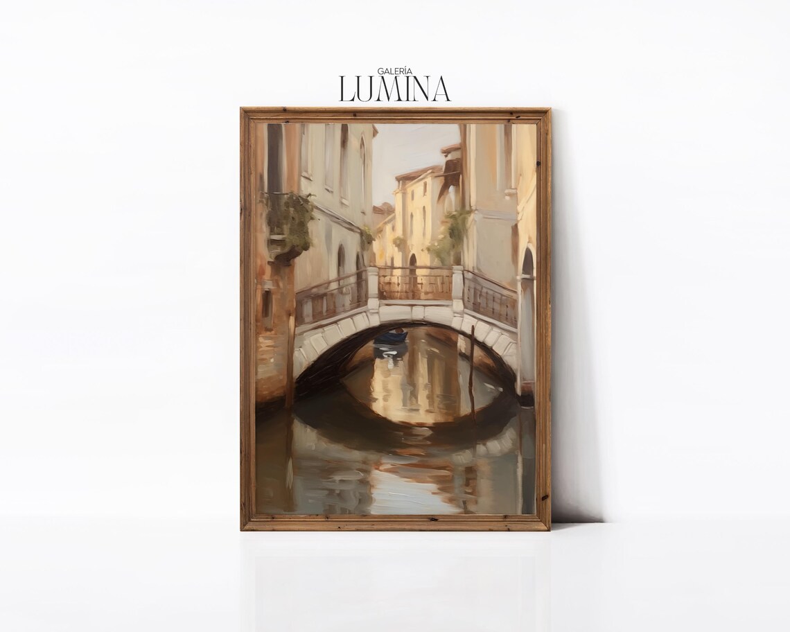 Venetian Canal With Stone Bridge Gondola Oil Painting Poster - Image 2