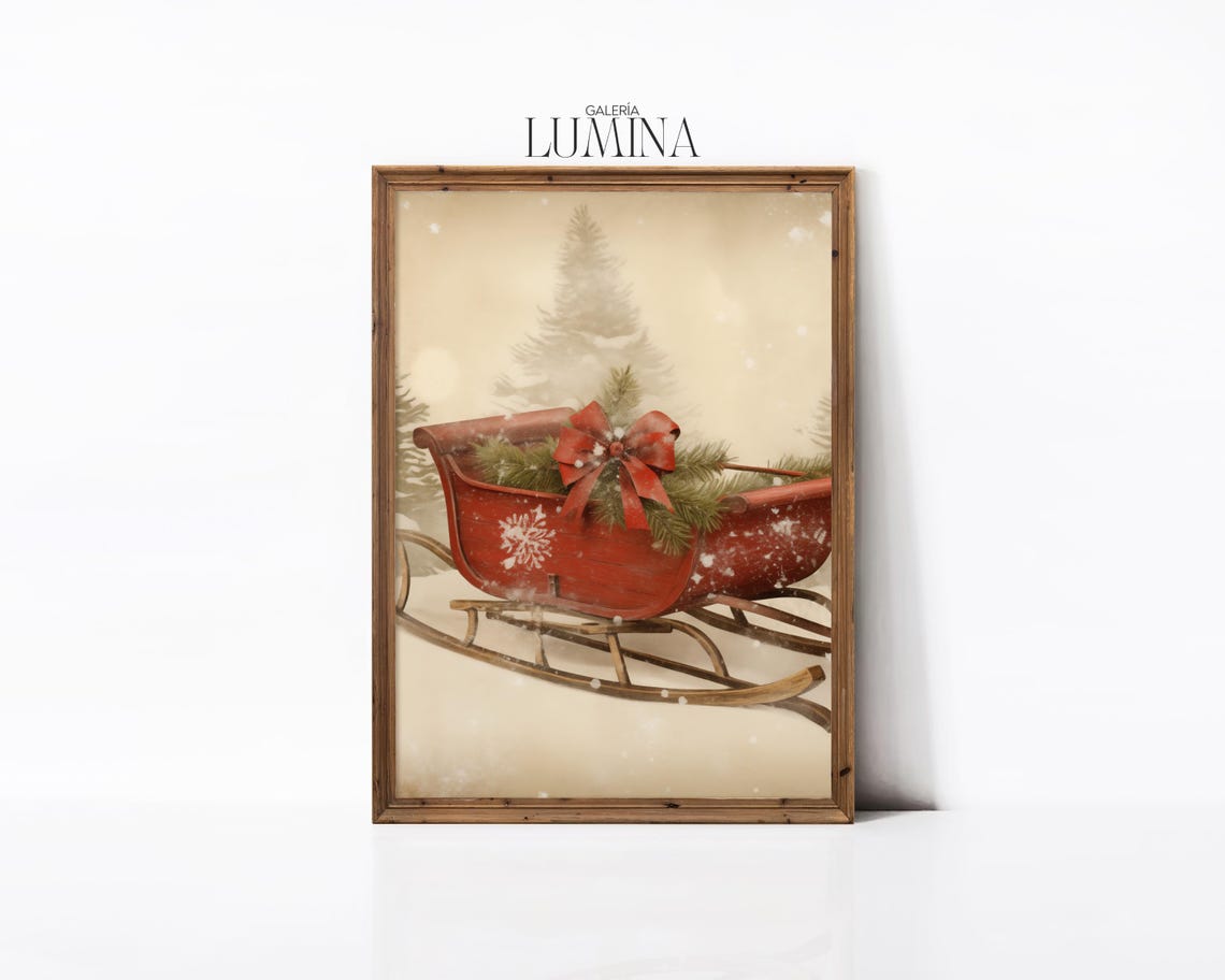 Vintage Red Christmas Sleigh with Bow in Snowy Forest Holiday Poster - Image 3