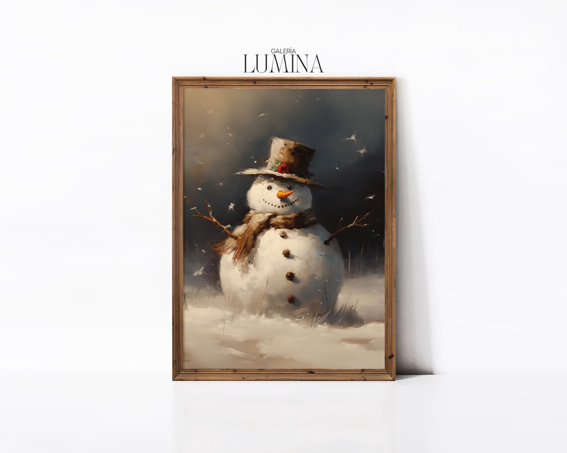 Moody Snowman at Dusk With Tall Hat Vintage Night Winter Scene Poster - Image 2