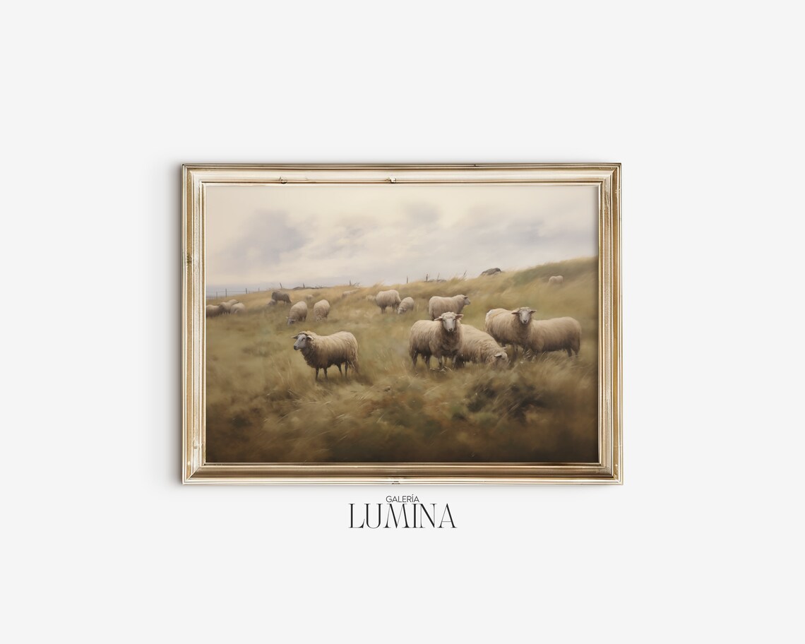 Flock of Sheep Vintage Country Oil Painting Print - Image 2