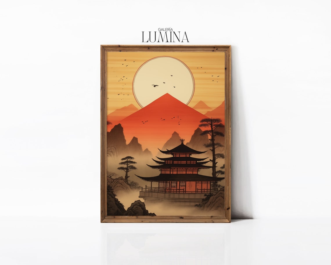 Japanese Woodblock Pagoda Temple Mountain Sunset Red Moon Poster - Image 3