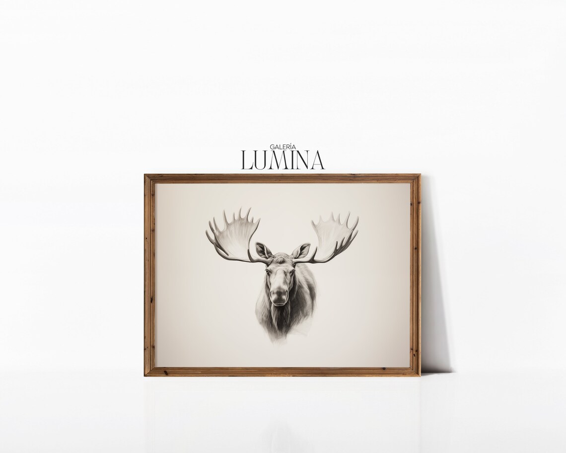 Moose Head Pencil Sketch Antlers Neutral Wildlife Drawing Poster - Image 3