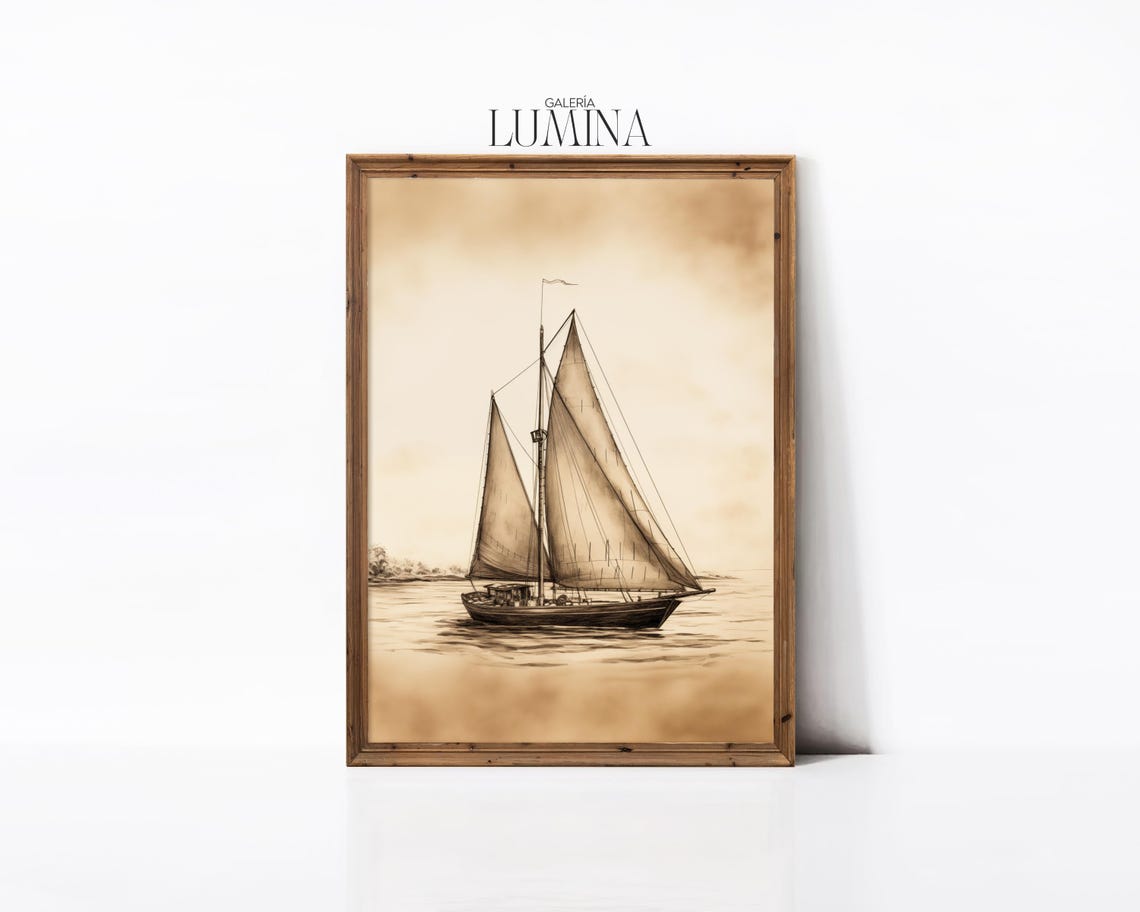 Vintage Sailboat Charcoal Drawing Sepia Tones Nautical Sketch Rustic Sailing Boat Illustration Art Frame Tv Art 917 - Image 2
